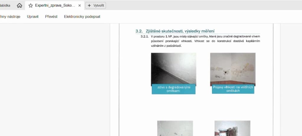 Ukázka expertní zprávy – zjištěné skutečnosti a projevy vlhkosti
