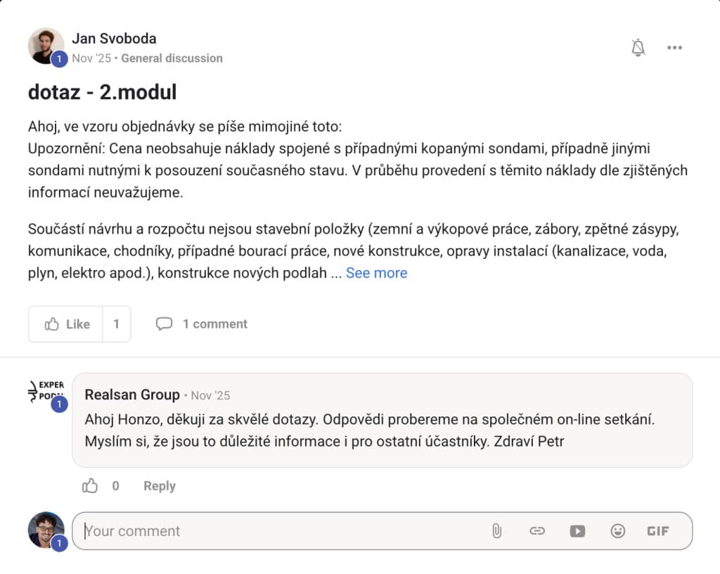 Diskuze v komunitě akademie – dotaz k modulu a odpověď lektora